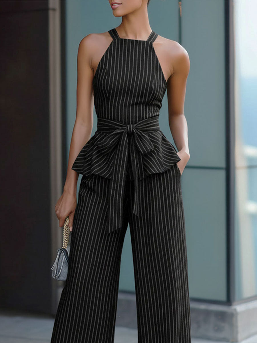 Black & White Striped Halter Peplum Two-Piece Set SN
