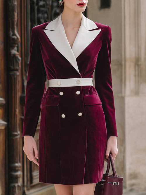 Burgundy Velvet Contrast-Lapel Double-Breasted Blazer Dress ZJ