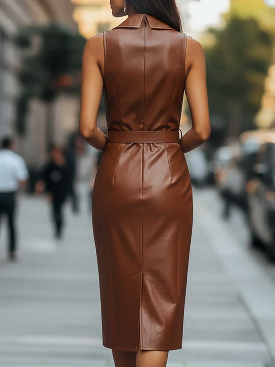 Caramel Faux Leather Sleeveless Midi Dress with Belt HWT