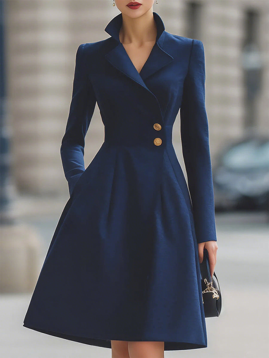 Elegant Navy Blue Tailored Fit Flared Coat Dress SN