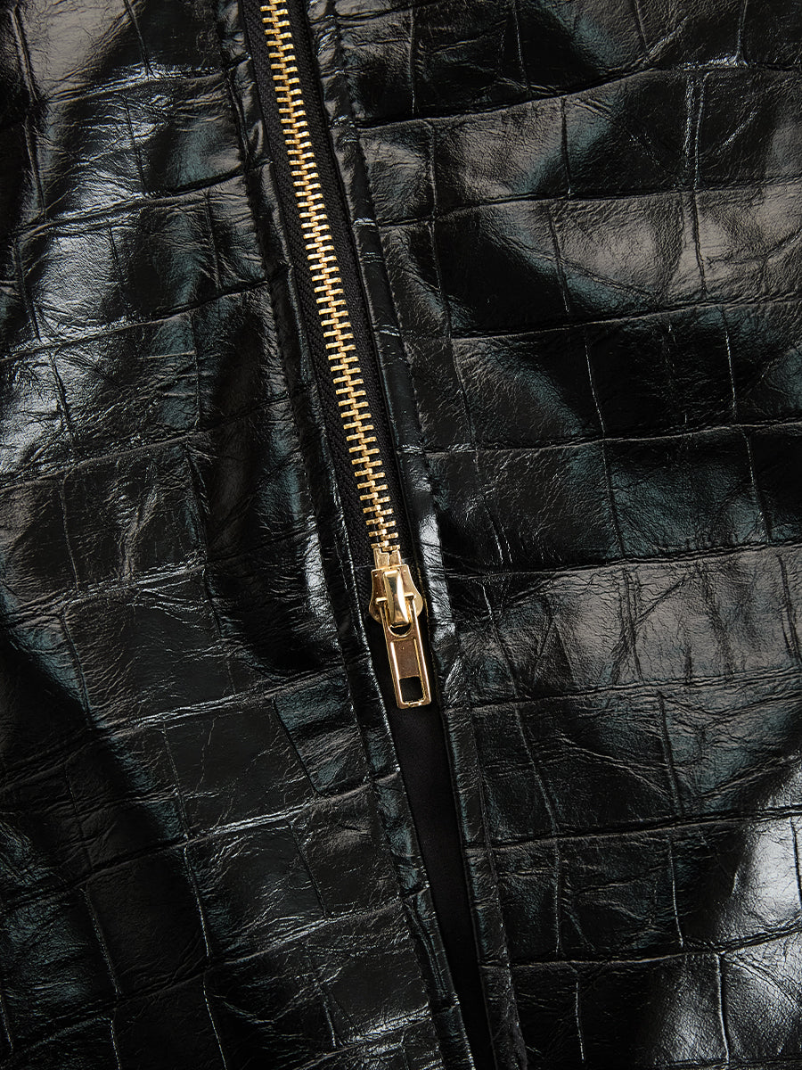 Glossy Croc-Effect Zip-Front Midi Dress HWT