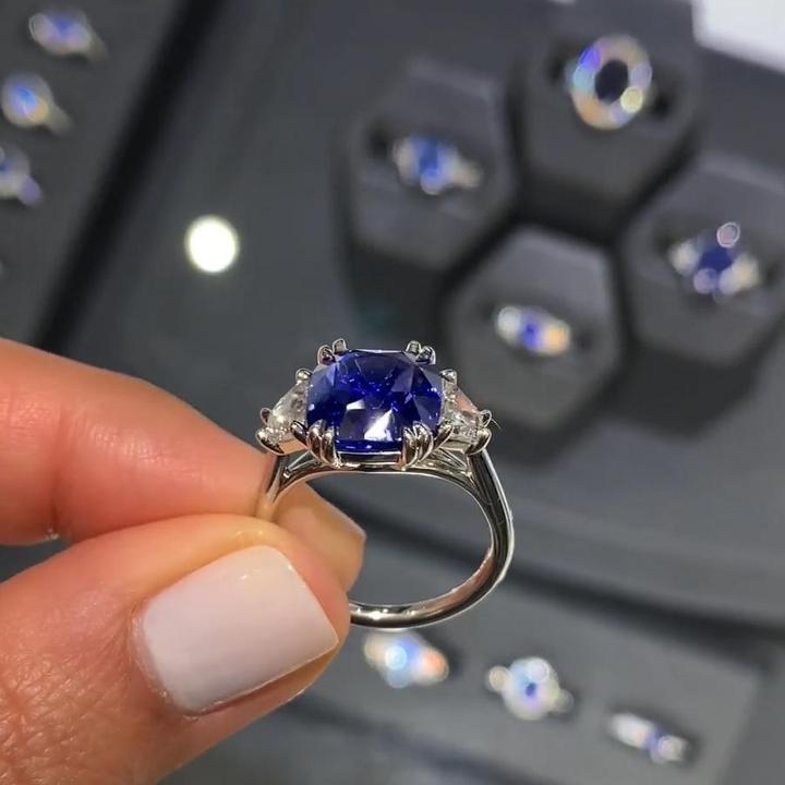 Cushion Cut Sapphire Blue Three-Stone Engagement Ring Shineofidamond