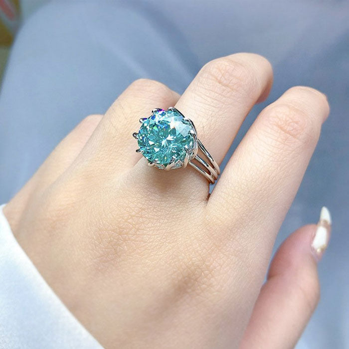 Unique Design Round Cut Green Moissanite Sterling Silver Engagement Ring Shineofdiamond