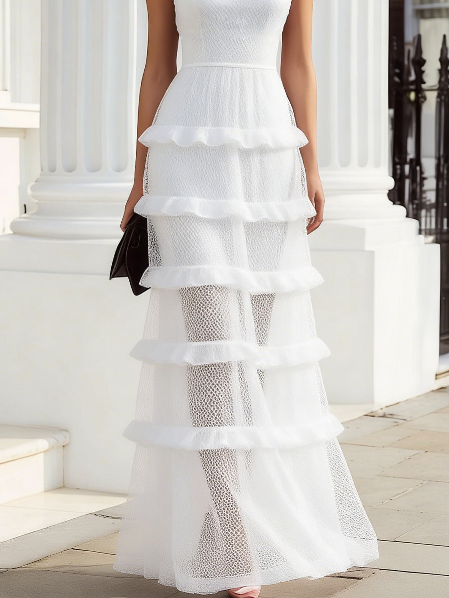 Sheer Mesh Tiered Ruffle Maxi Evening Dress MLZ
