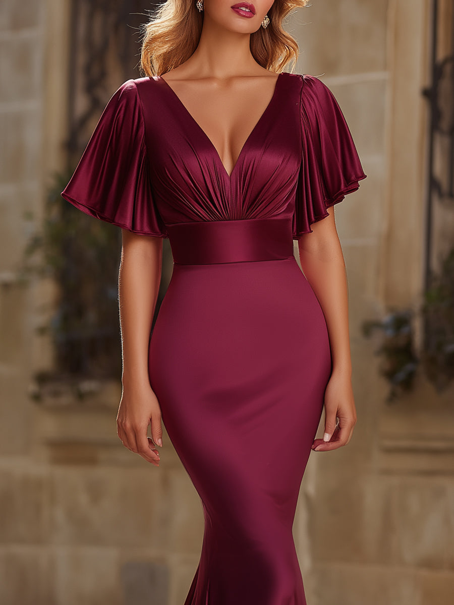 Satin Flutter Sleeve Mermaid Evening Dress MLZ