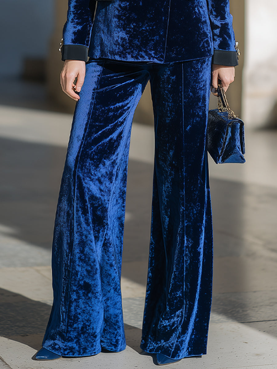 Double-Breasted Velvet Tailored Blazer Set With Wide-Leg Pants XYS