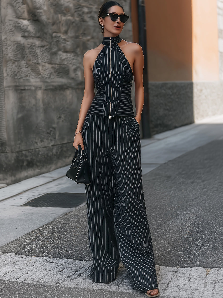 Pinstripe Halter-Neck Zip-Up Top & Wide-Leg Pants Set HWT