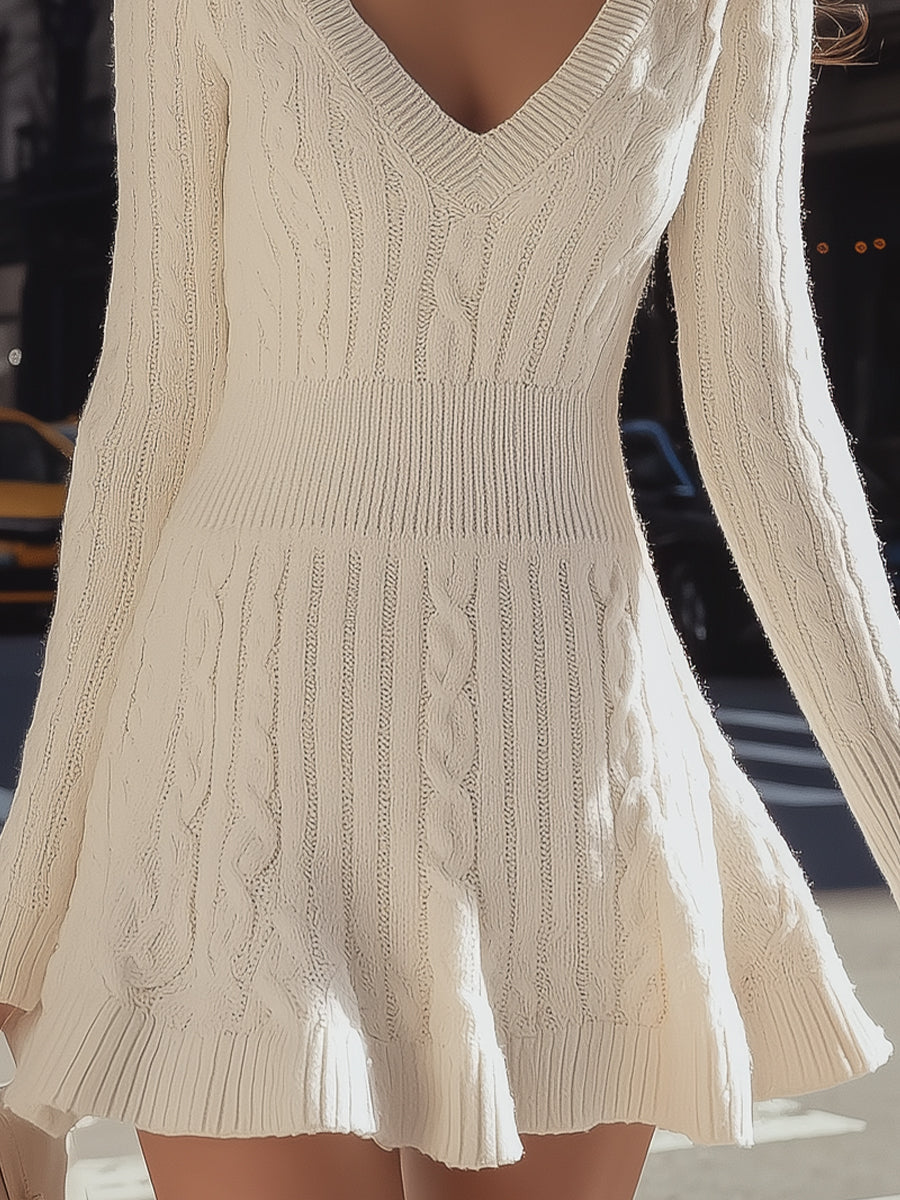 Cozy Cable Knit Sweater Dress With V-Neck And Flare Hem SN