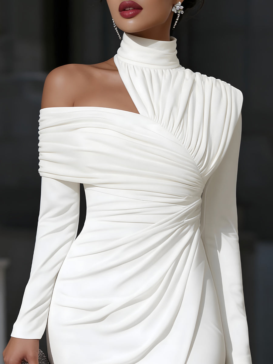 Asymmetric Draped High-Neck One-Shoulder Evening Dress MLZ