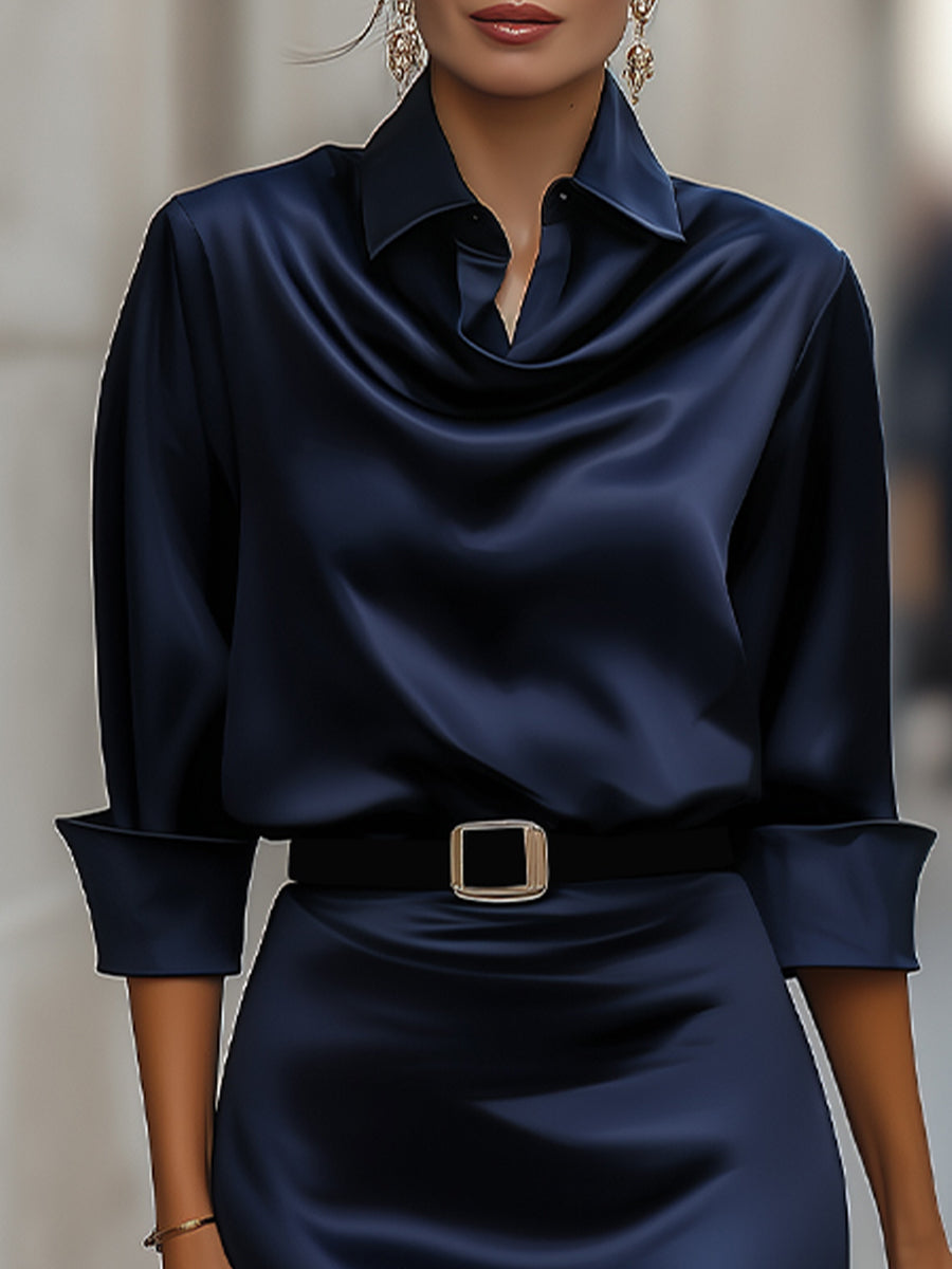 Elegant Satin Draped-Collar Midi Dress With Black Belt HWT