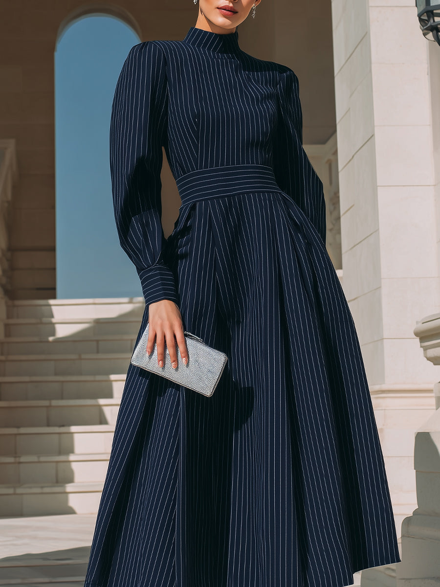High-Neck Pinstripe Midi Dress With Structured Waist XYS