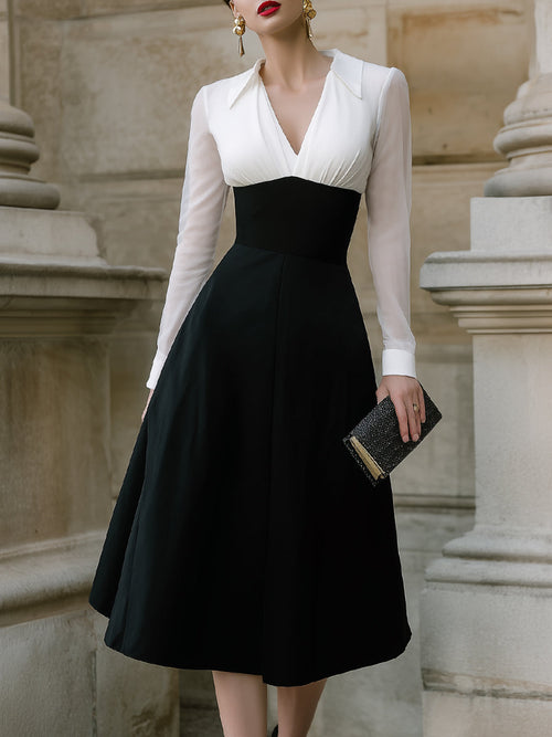 Contrast Bodice A-Line Midi Dress With Sheer Sleeves XYS