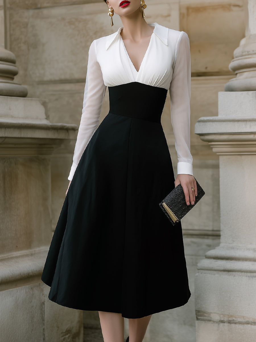 Contrast Bodice A-Line Midi Dress With Sheer Sleeves XYS