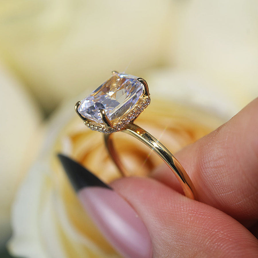 Stunning Hidden Halo Design Radiant Cut Sterling Silver Engagement Ring Shine of Diamond