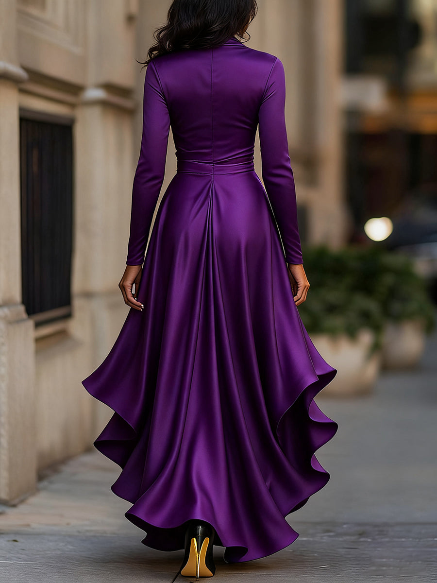 Midnight Blue Draped Satin Maxi Dress With Ruffle Details ZJ