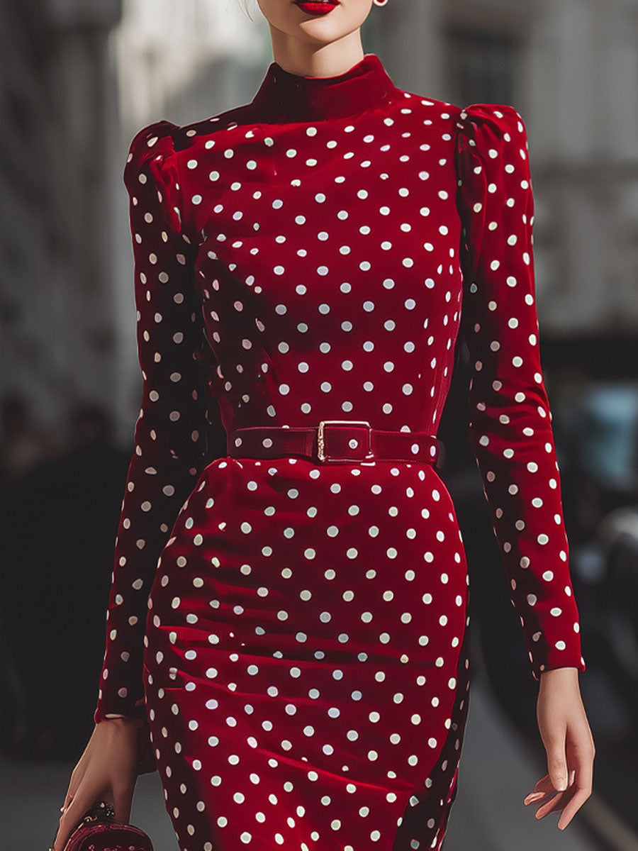 Vintage-Inspired Red Polka Dot Velvet Midi Dress SN