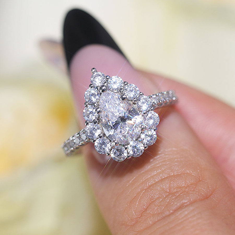 Stunning Pear Cut Halo Design Sterling Silver Engagement Ring Shine of Diamond