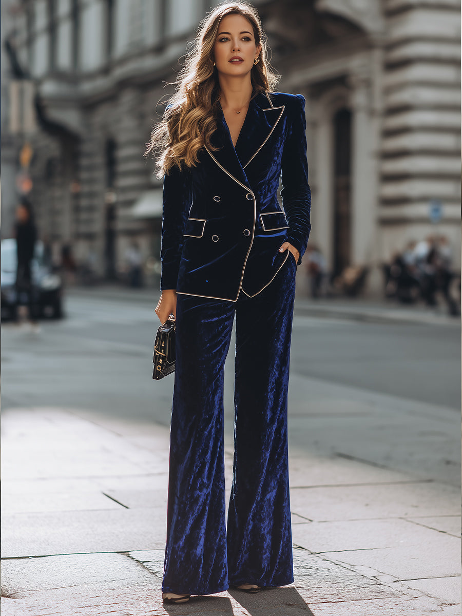 Double-Breasted Velvet Suit With Contrast Piping And Wide-Leg Pants XYS