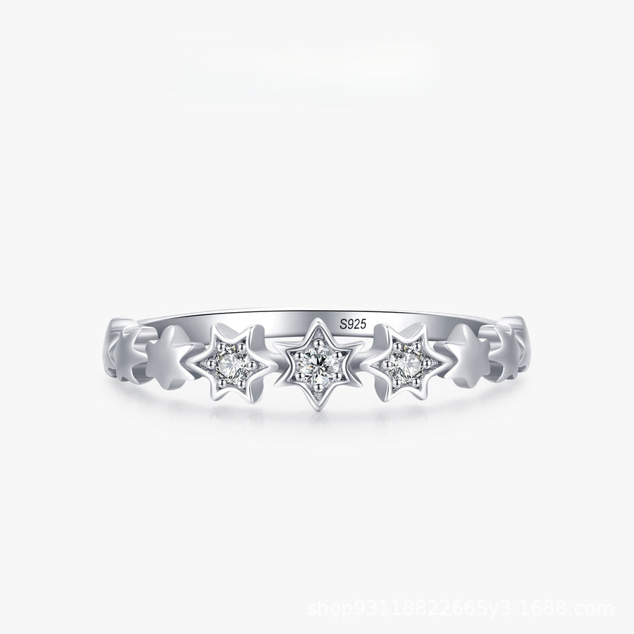 Cute Star Design Sterling Silver Band Shine of Diamond