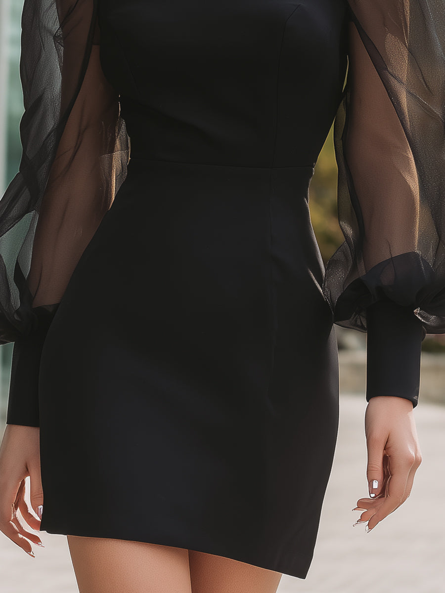 Black Sheer Puff Sleeve Structured Mini Dress ZJ