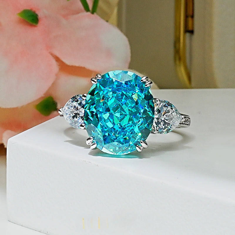 Greenish Blue Oval Cut Engagement Ring in Sterling Silver shine of diamond