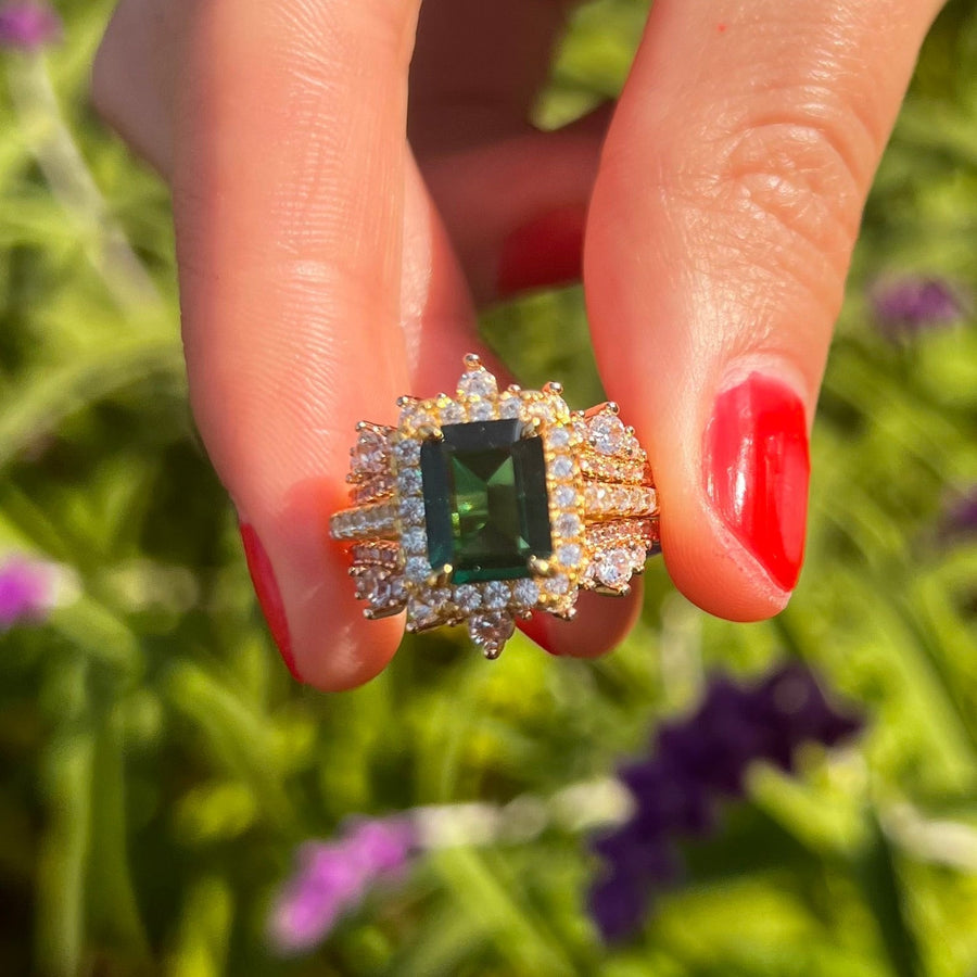 Vintage Green Emerald Cut Halo Insert Design 2 Pcs Bridal Sets Shine of Diamond