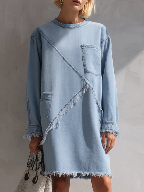 Light Blue Raw-Edge Denim Mini Dress ZJ