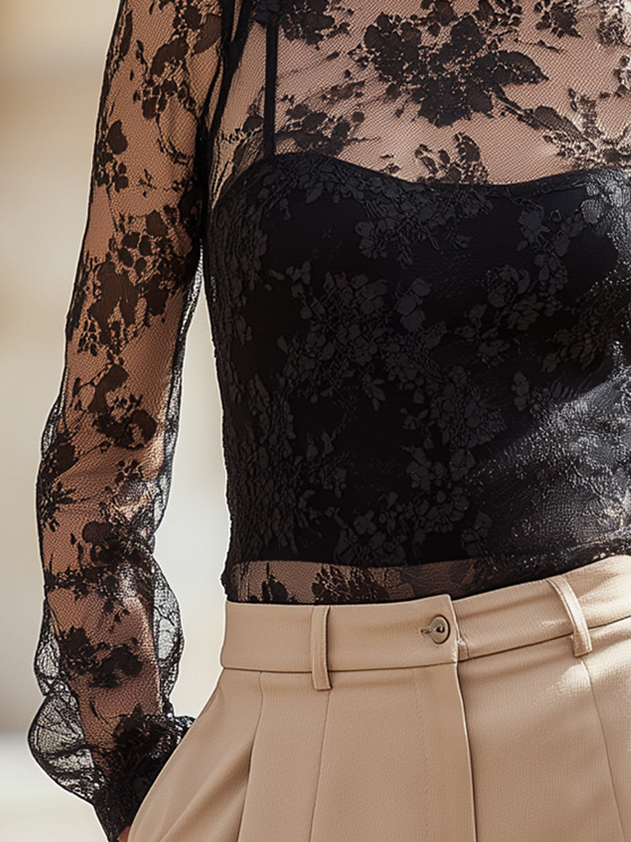 Black Floral Lace Two-Piece Long Sleeve Top ZJ