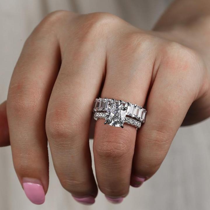 Cushion Cut 4 Prong Eternity 925 Sterling Silver Bridal Set Shineofidamond