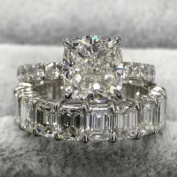 Cushion Cut 4 Prong Eternity 925 Sterling Silver Bridal Set Shineofidamond