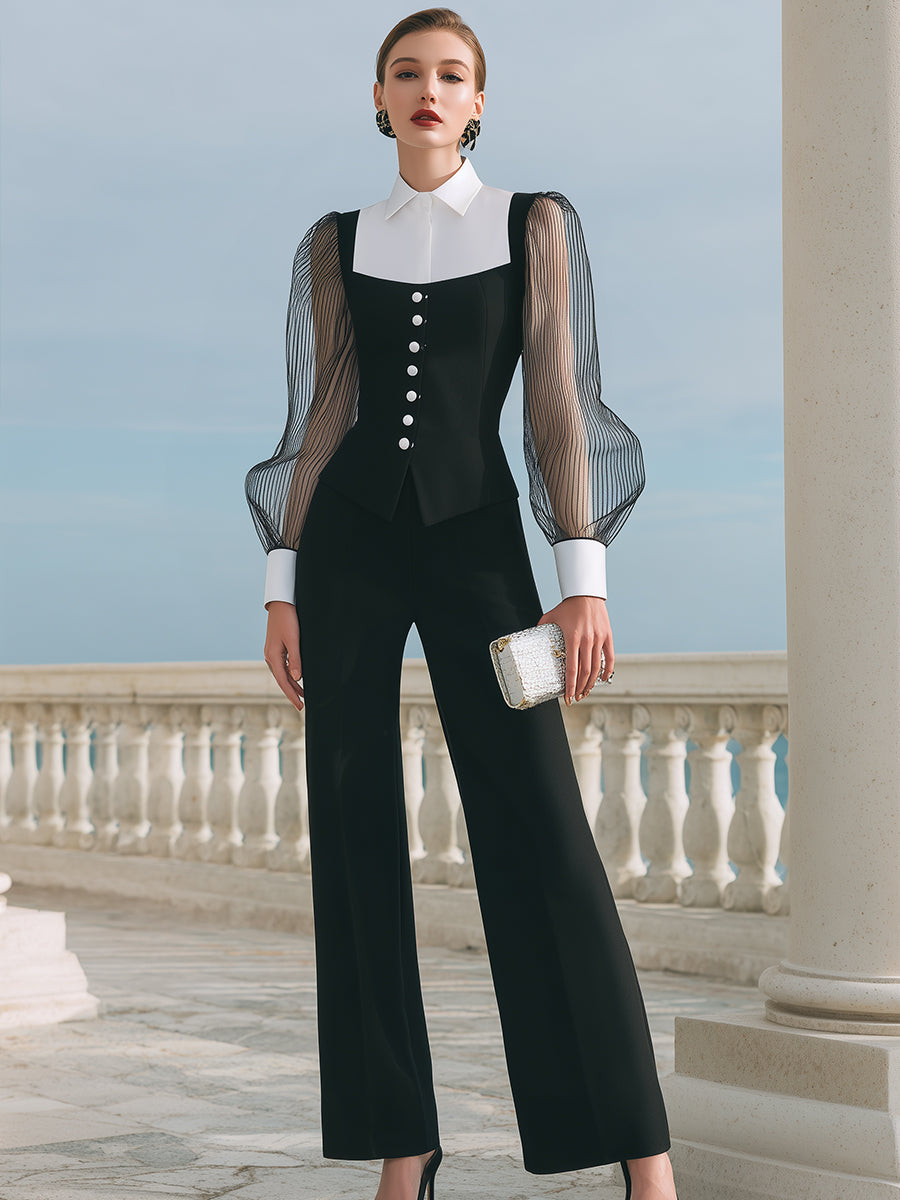Contrast-Collar Buttoned Vest And Wide-Leg Trousers Set XYS
