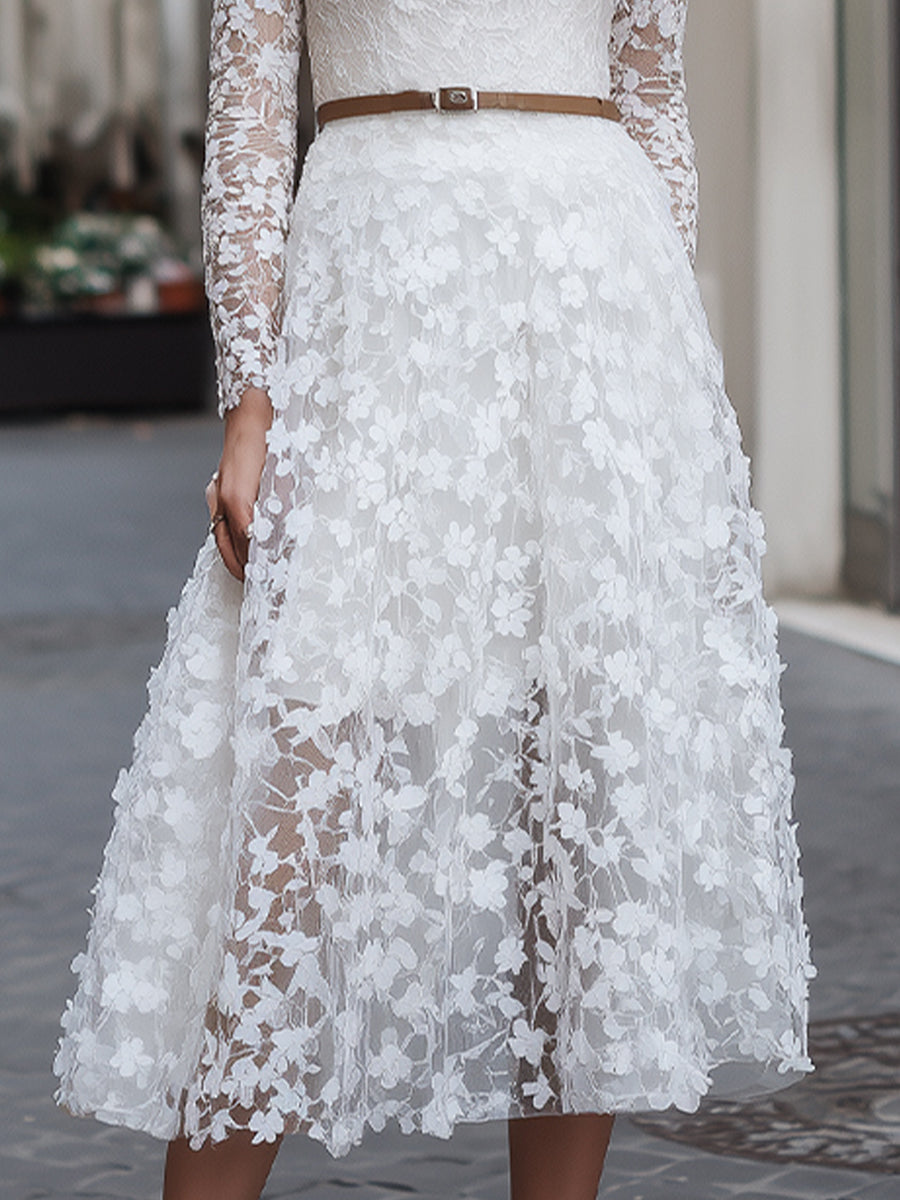 Elegant Floral Lace Long-Sleeve Midi Dress HWT