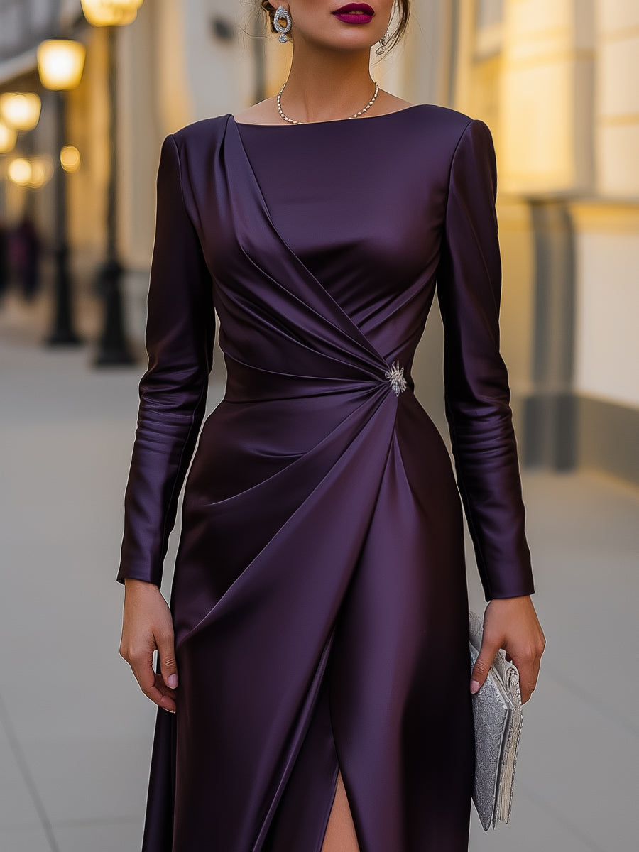 Satin Asymmetric Draped Evening Gown MLZ