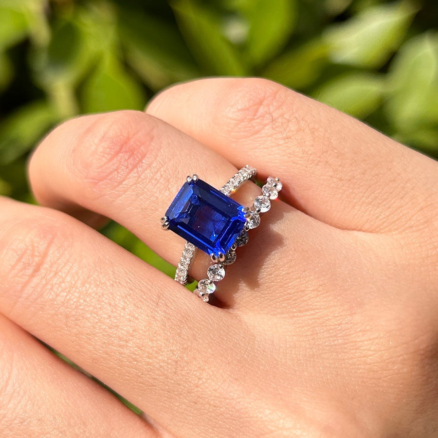 Vintage Blue Emerald Cut Sterling Silver Bridal Set Carly Jewelry