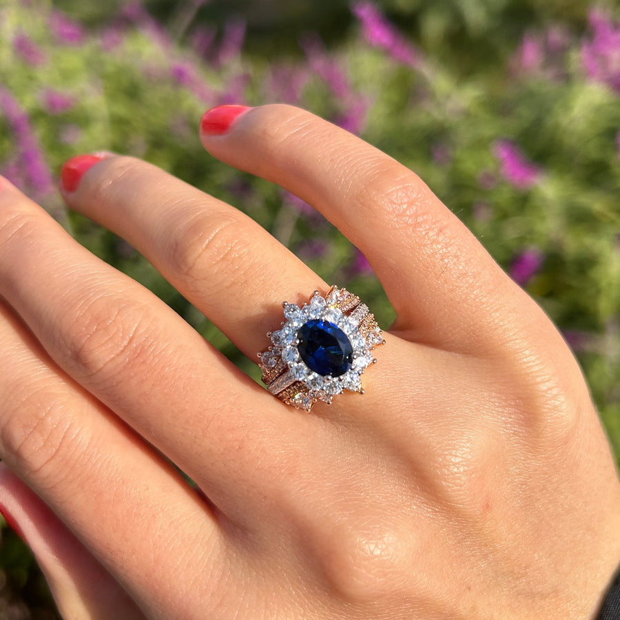 Vintage 2Pcs Blue Oval Cut Halo Sterling Silver Bridal Set Shine of Diamond