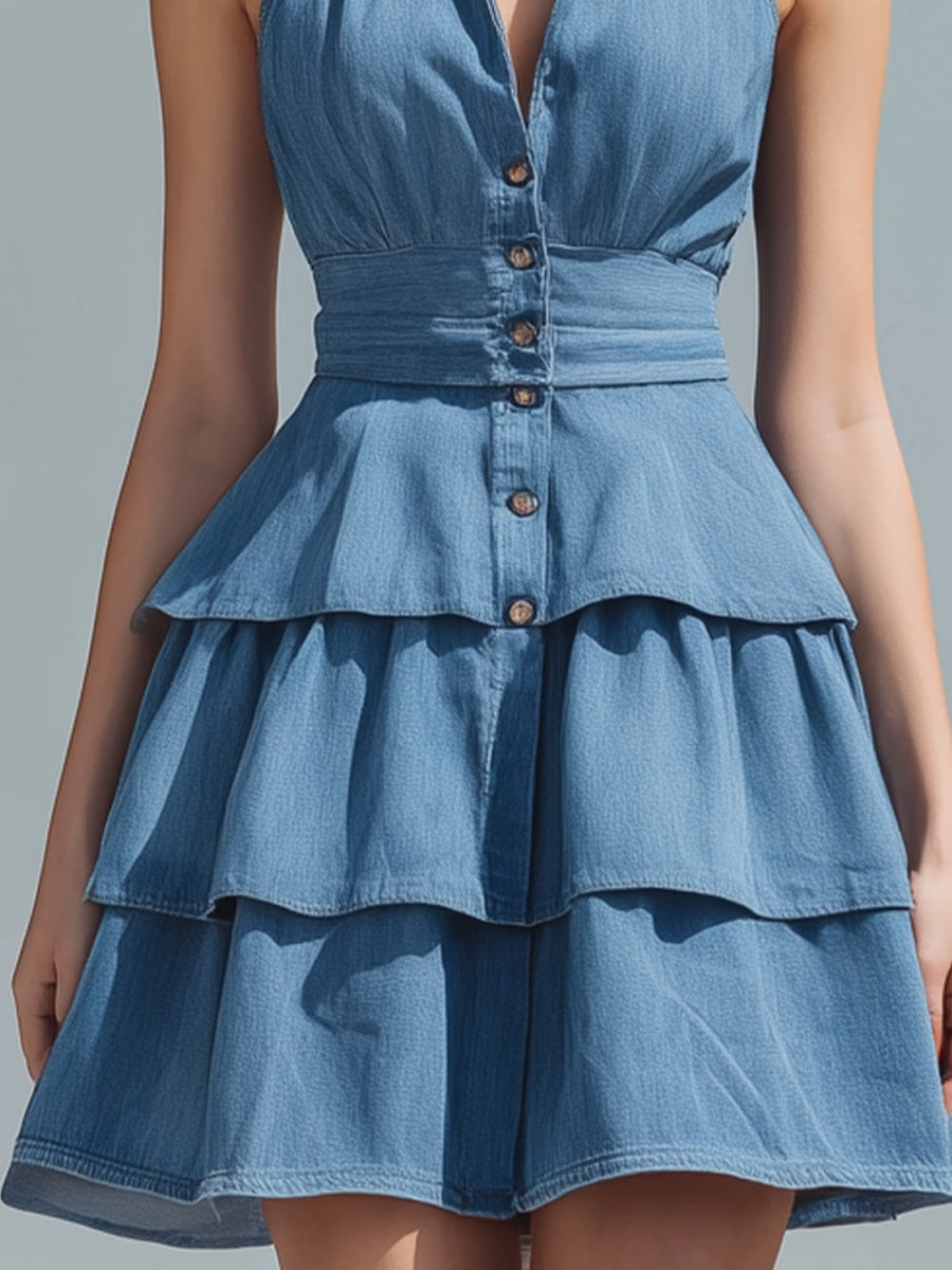 Halter Neck Tiered Ruffle Denim Mini Dress ZJ