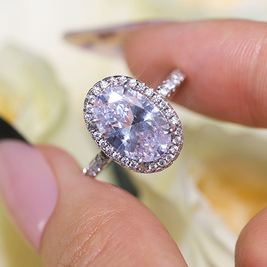 Stunning Oval Cut Halo Design Sterling Silver Engagement Ring Shine of Diamond