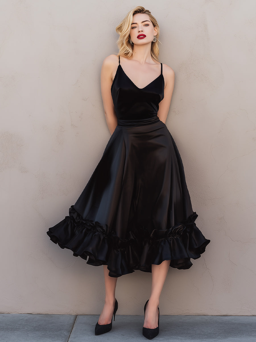 Satin Ruffled Midi Dress With Spaghetti Straps ZJ