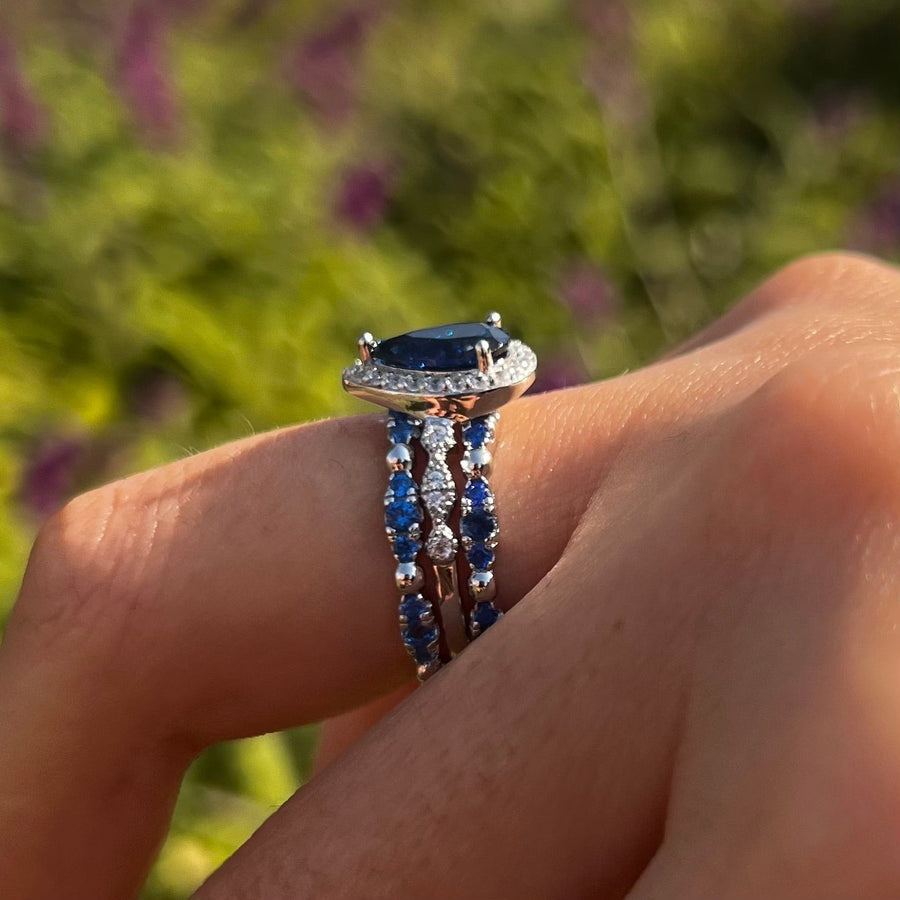 3 Pcs Blue Pear Cut Halo Bridal Set in Sterling Silver Shine of Diamond
