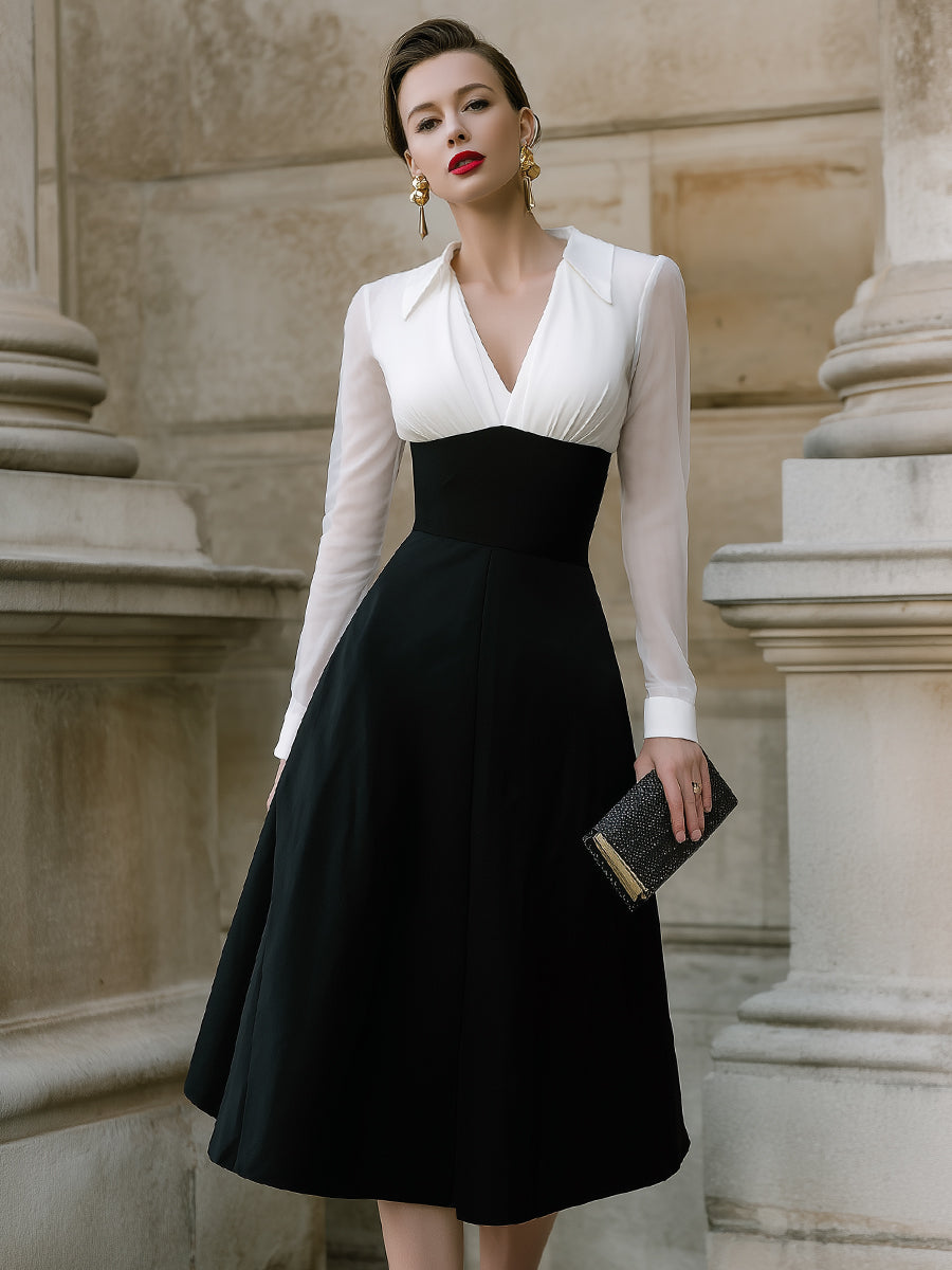 Contrast Bodice A-Line Midi Dress With Sheer Sleeves XYS