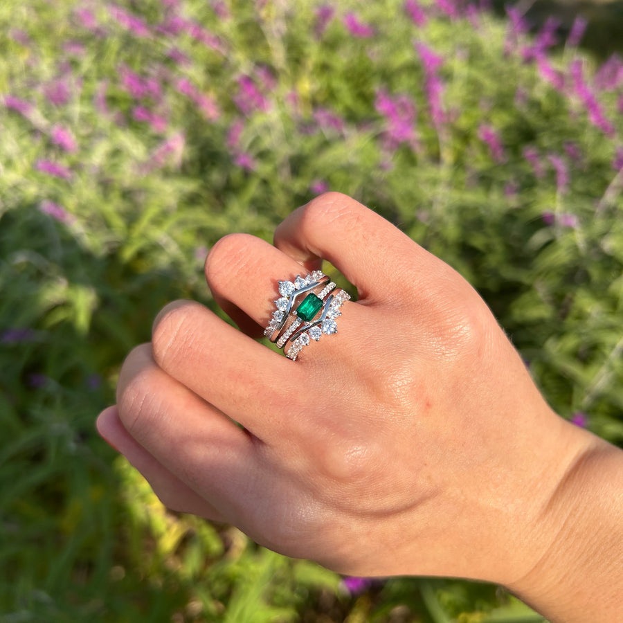 2 Pcs Green Emerald Cut Insert Bridal Sets In Sterling Silver Shine of Diamond