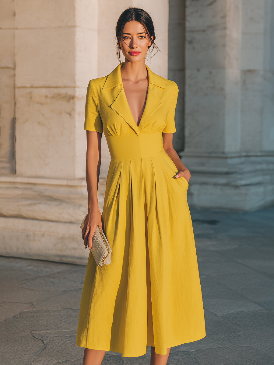 Collared Short-Sleeve Midi Dress With Structured Waist XYS