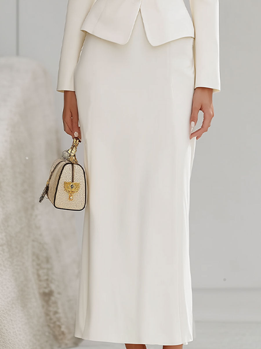 Ivory High-Collar Tailored Jacket And Elegant Maxi Skirt Set SN