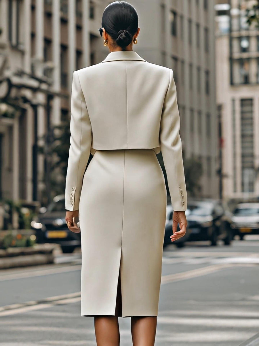 Cream Cropped Blazer And High-Waisted Pencil Skirt Set With Belt XYS