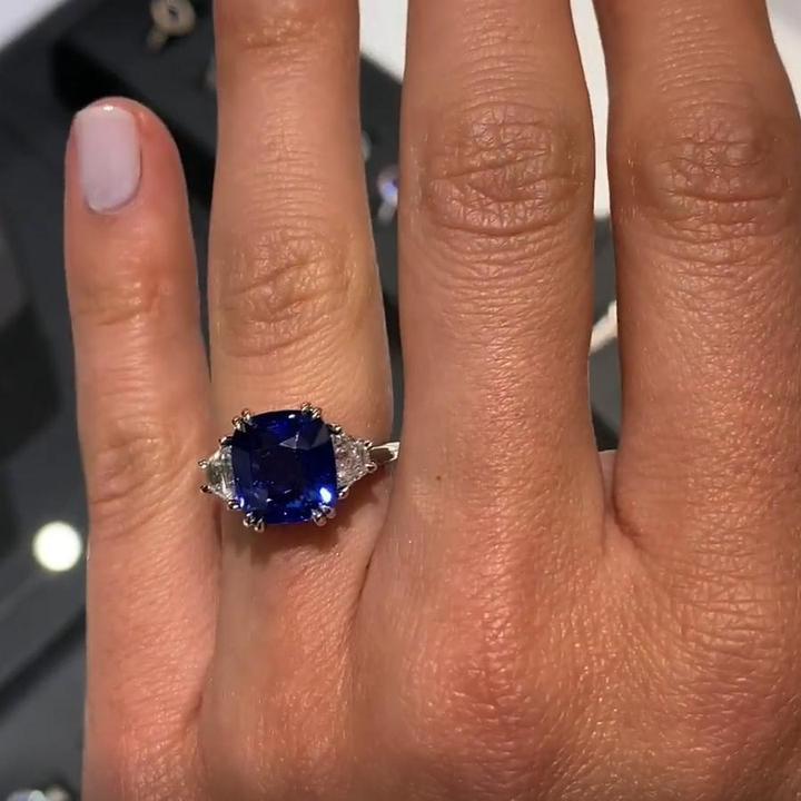 Cushion Cut Sapphire Blue Three-Stone Engagement Ring Shineofidamond
