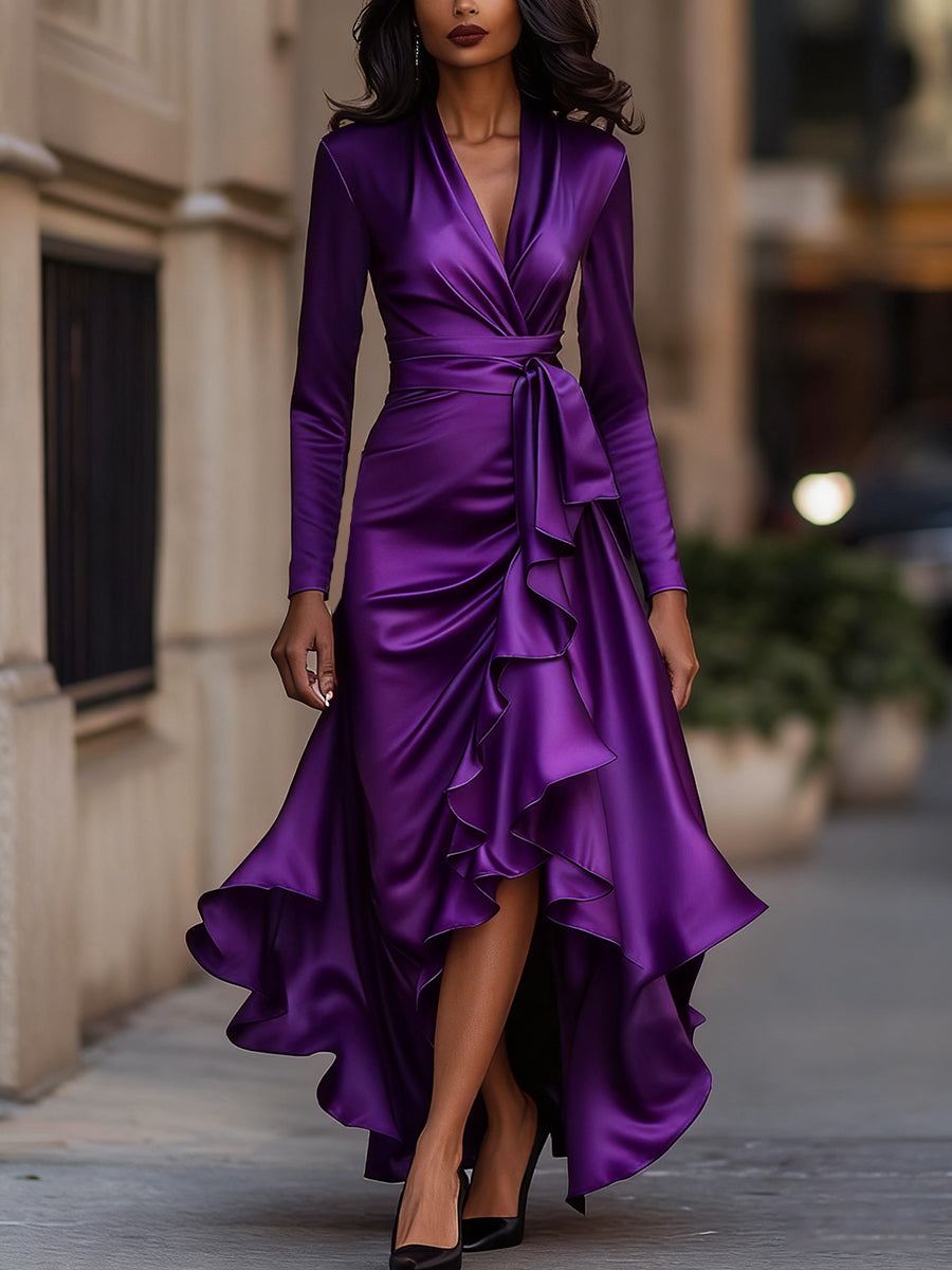 Midnight Blue Draped Satin Maxi Dress With Ruffle Details ZJ