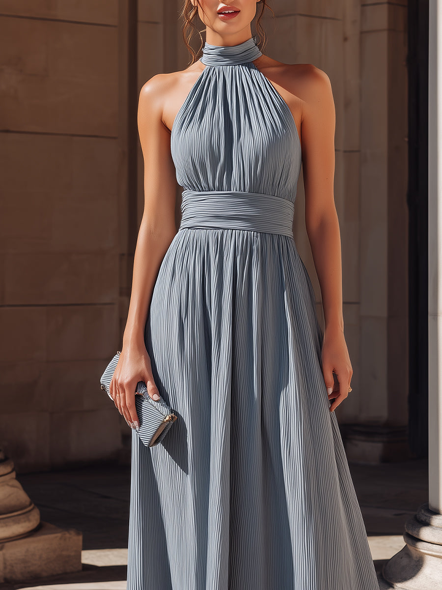 Pleated Halter Neck A-Line Maxi Dress XYS