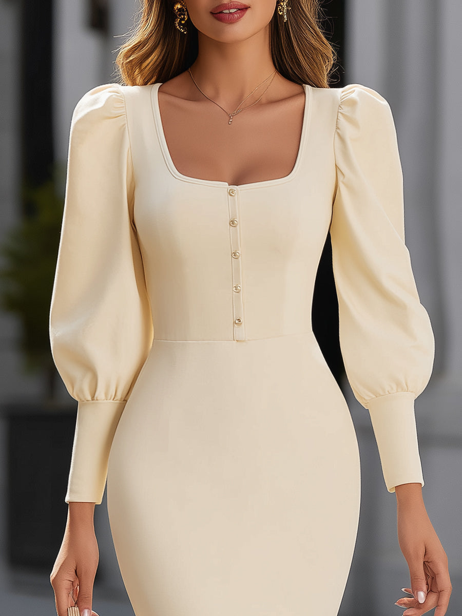 Puff-Sleeve Square-Neck Midi Dress With Button Detail MLZ