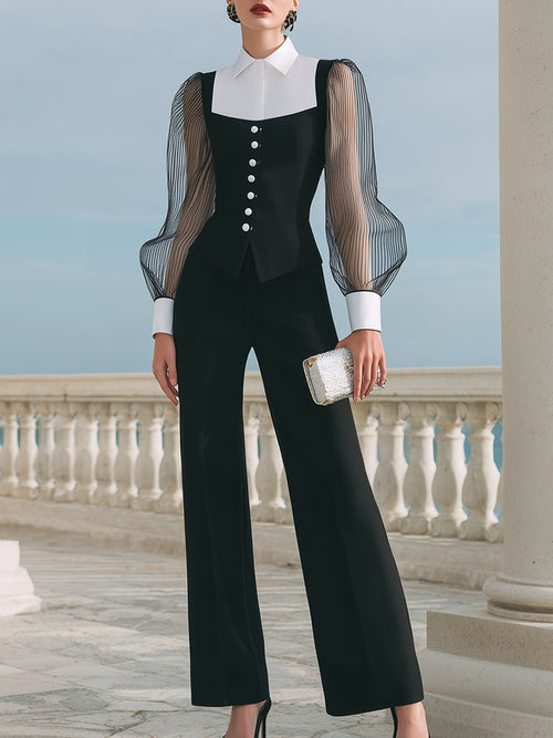 Contrast-Collar Buttoned Vest And Wide-Leg Trousers Set XYS