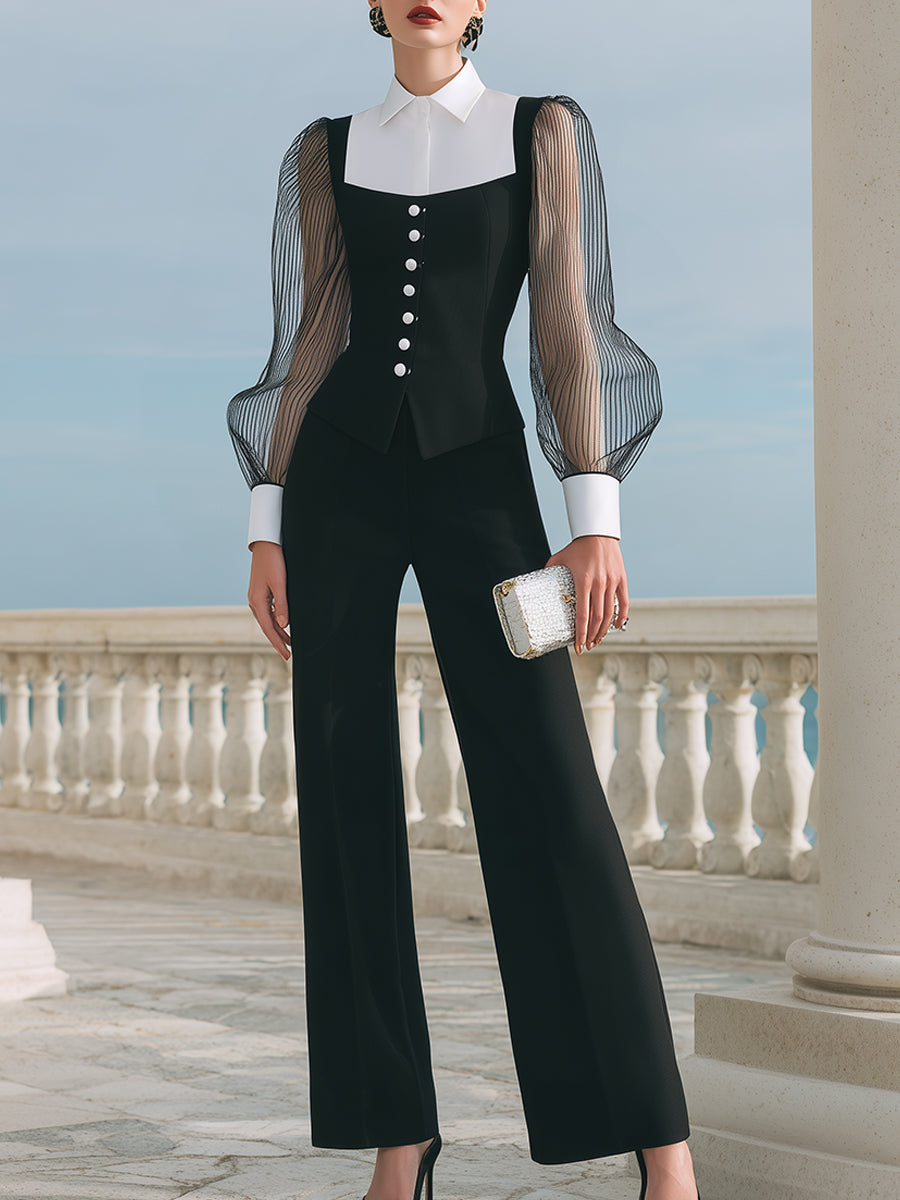Contrast-Collar Buttoned Vest And Wide-Leg Trousers Set XYS